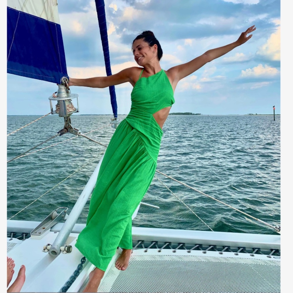 Asymmetrical Green Dress Cut Out Ruched Maxi Lace Up Back - Picture 13 of 15